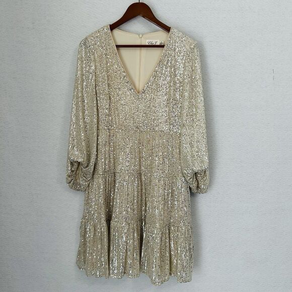 Eliza J Dress Women 10 Cream Gold Sequin Lined Cocktail Party Boho Sparkly NWT - Picture 15 of 16